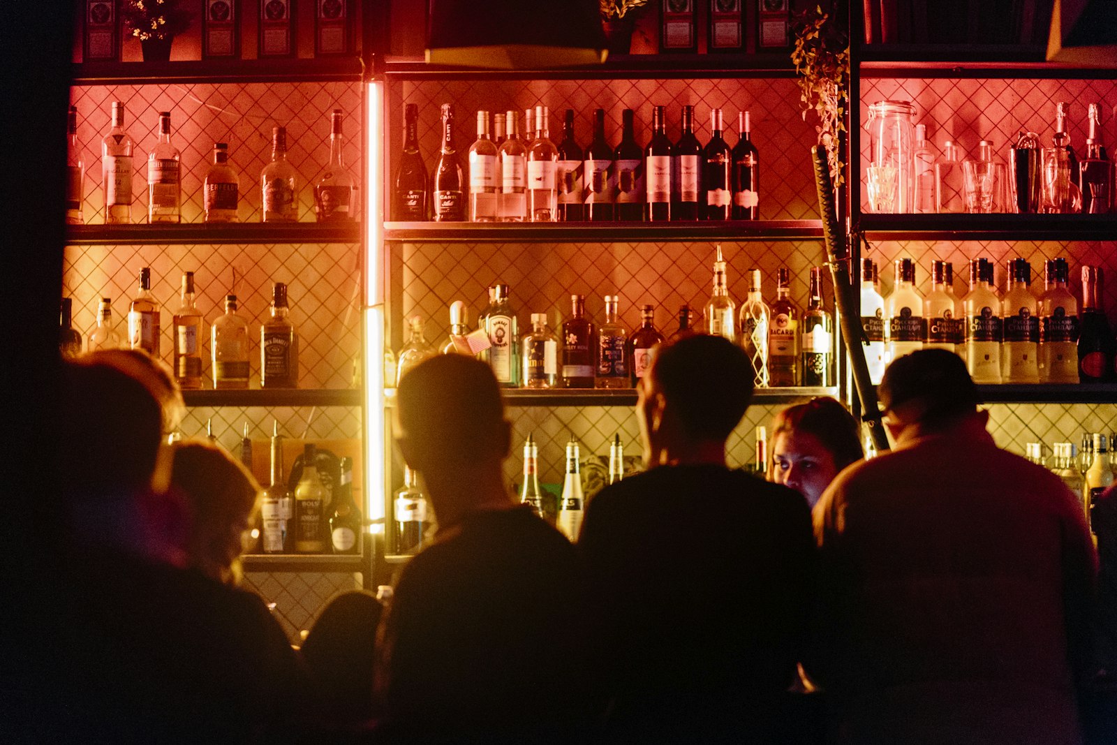 Guests facing a backlit bottle shelf with a vertical neon tube